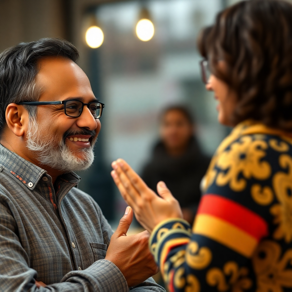 A photorealistic image of Sandesh, the Hindi teacher, engaging in a friendly one-on-one conversation with a German-speaking student.  They should both be smiling and using hand gestures, indicating a supportive and personal learning environment. The background should be subtly blurred, focusing attention on the interaction.