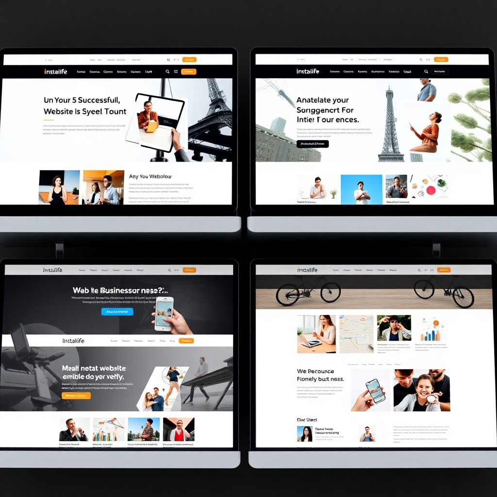 A photorealistic image showcasing several successful website examples created using InstaiLife Builder. The websites should reflect diverse business types, highlighting the versatility of the platform. The image should feature high-quality visuals and be well-lit, demonstrating the potential of the platform.