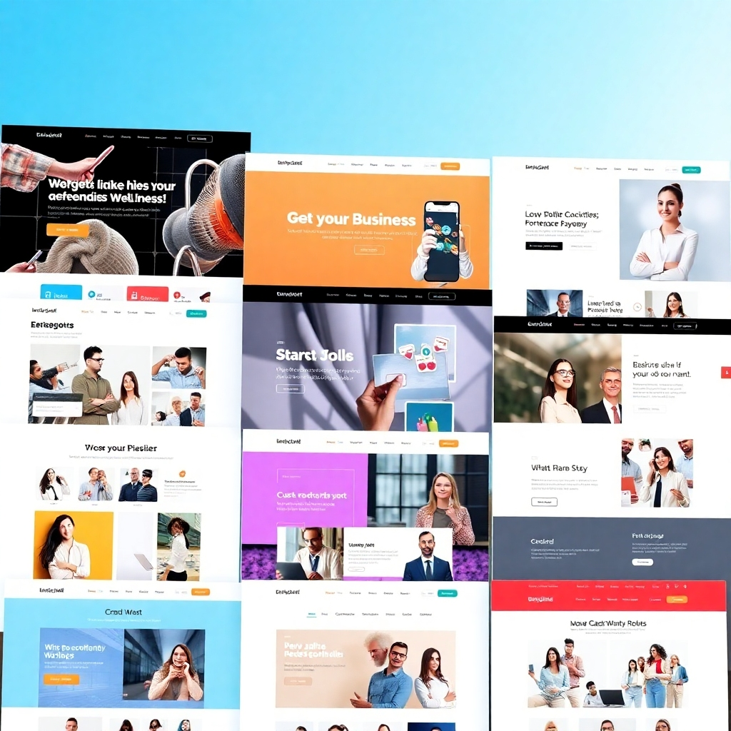 A photorealistic image showcasing several diverse and visually appealing website designs. The images should reflect a variety of business types and styles. The lighting should be bright and airy, and the colors should be vivid and engaging. The overall composition should be clean and well-organized, highlighting the variety of website styles achievable with InstaiLife Builder.