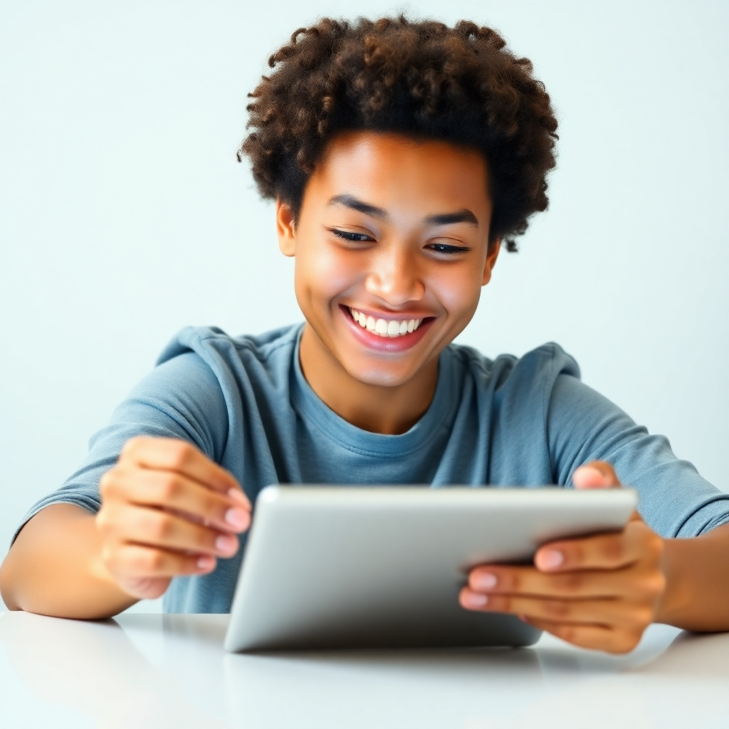 An image depicting a person smiling while easily designing a website on a tablet. The focus should be on ease of use and a pleasant user experience.