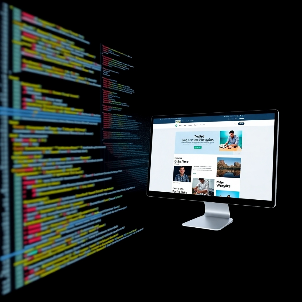 An image depicting clean, well-structured code transforming into a fully functioning website on a monitor. The image should emphasize efficiency and quality of development.