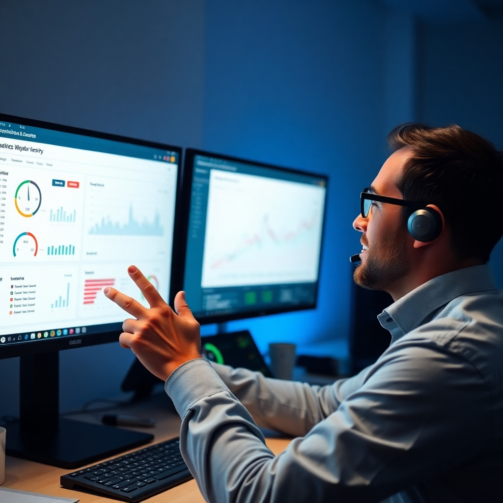 An image showing a person confidently monitoring a website's performance on a dashboard. The overall feeling should be one of security and reliability.