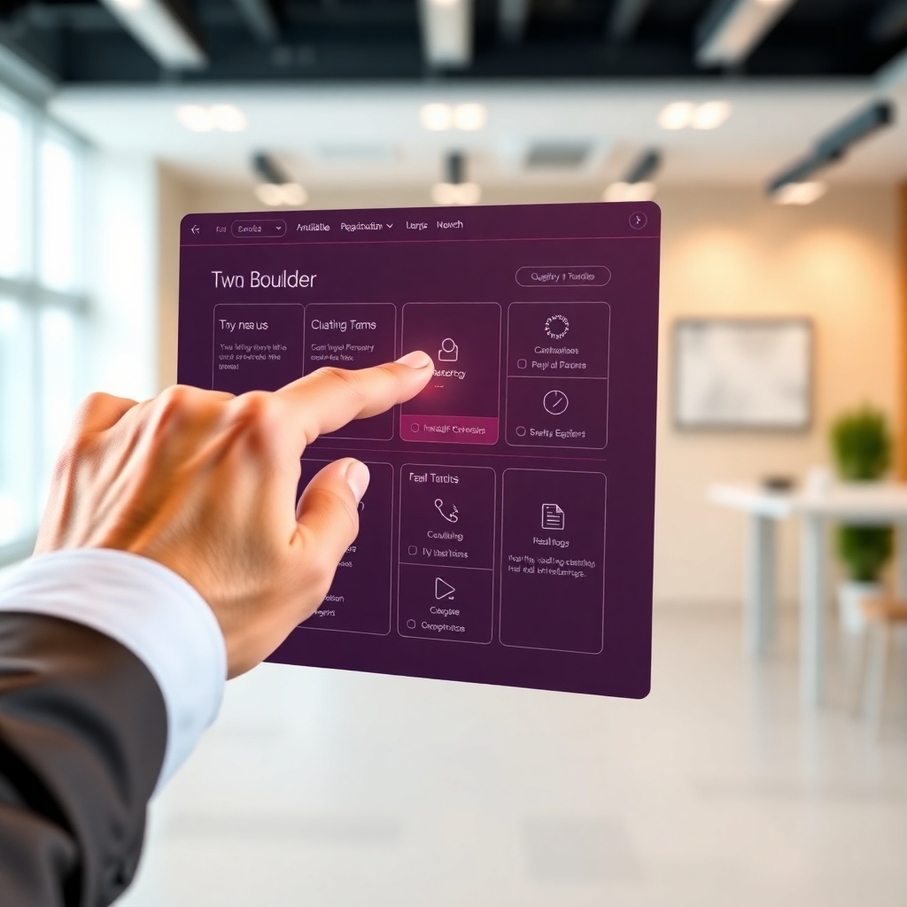 Photorealistic image of a person's hands using a touchscreen interface. The interface clearly showcases the intuitive design of InstaiLife Builder, emphasizing the ease of use and simple drag-and-drop functionality. The background should be a clean, modern office space. The image should be high quality and realistic.