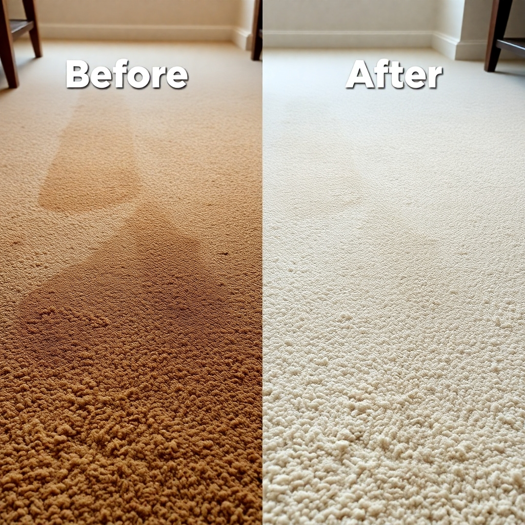 A before-and-after split image showcasing a heavily soiled carpet and a pristine, clean carpet after professional cleaning. High-quality, photorealistic, focus on texture and color difference, 8k resolution
