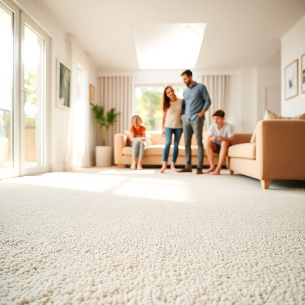 A bright, airy living room with sunlight streaming through a window. The carpet is a light neutral color and appears freshly cleaned, spotless, and fluffy.  In the background, a family is happily interacting, suggesting a healthy and comfortable home environment. The overall mood is clean, fresh and positive, emphasizing the link between clean carpets and good indoor air quality.