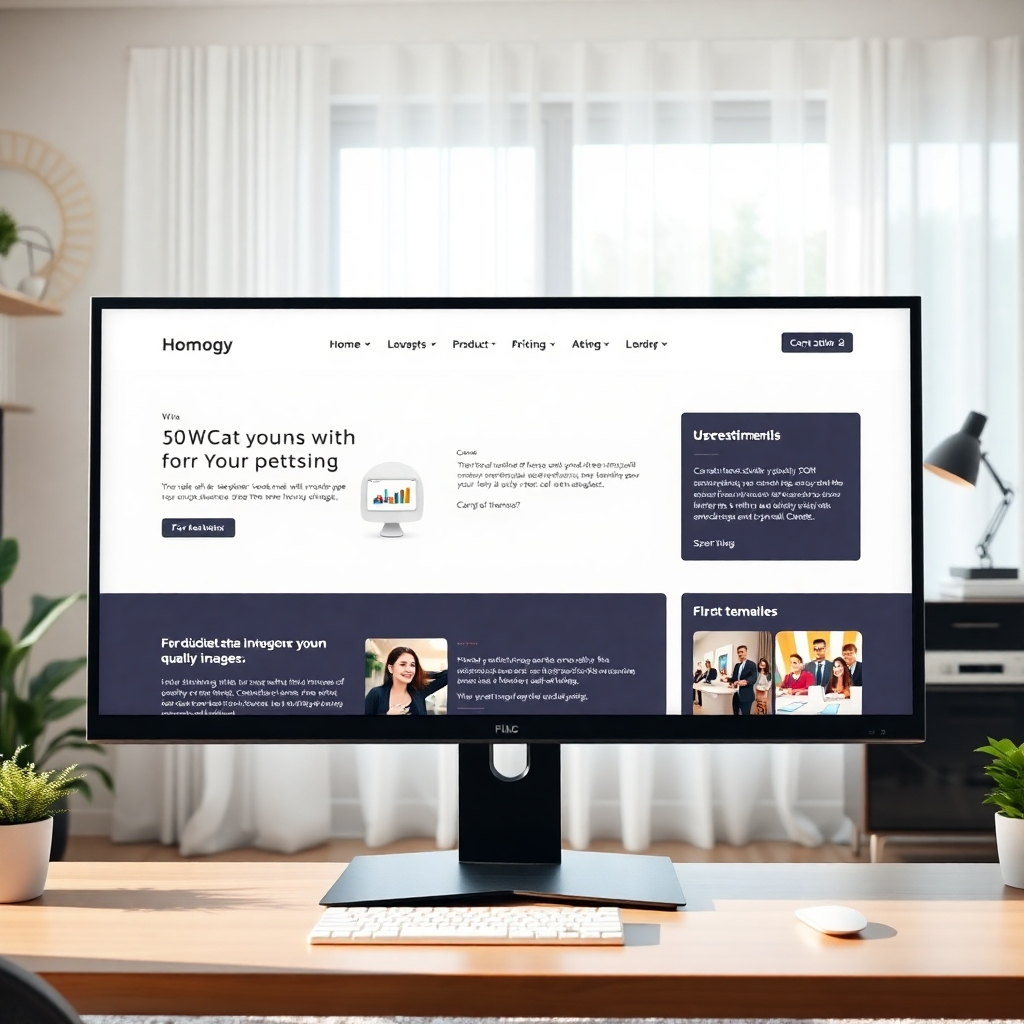 A clean, modern website design featuring engaging product showcases, user testimonials, and a blog section with high-quality images, on a large monitor in a well-lit home office. Photorealistic style, sleek design, professional appearance.