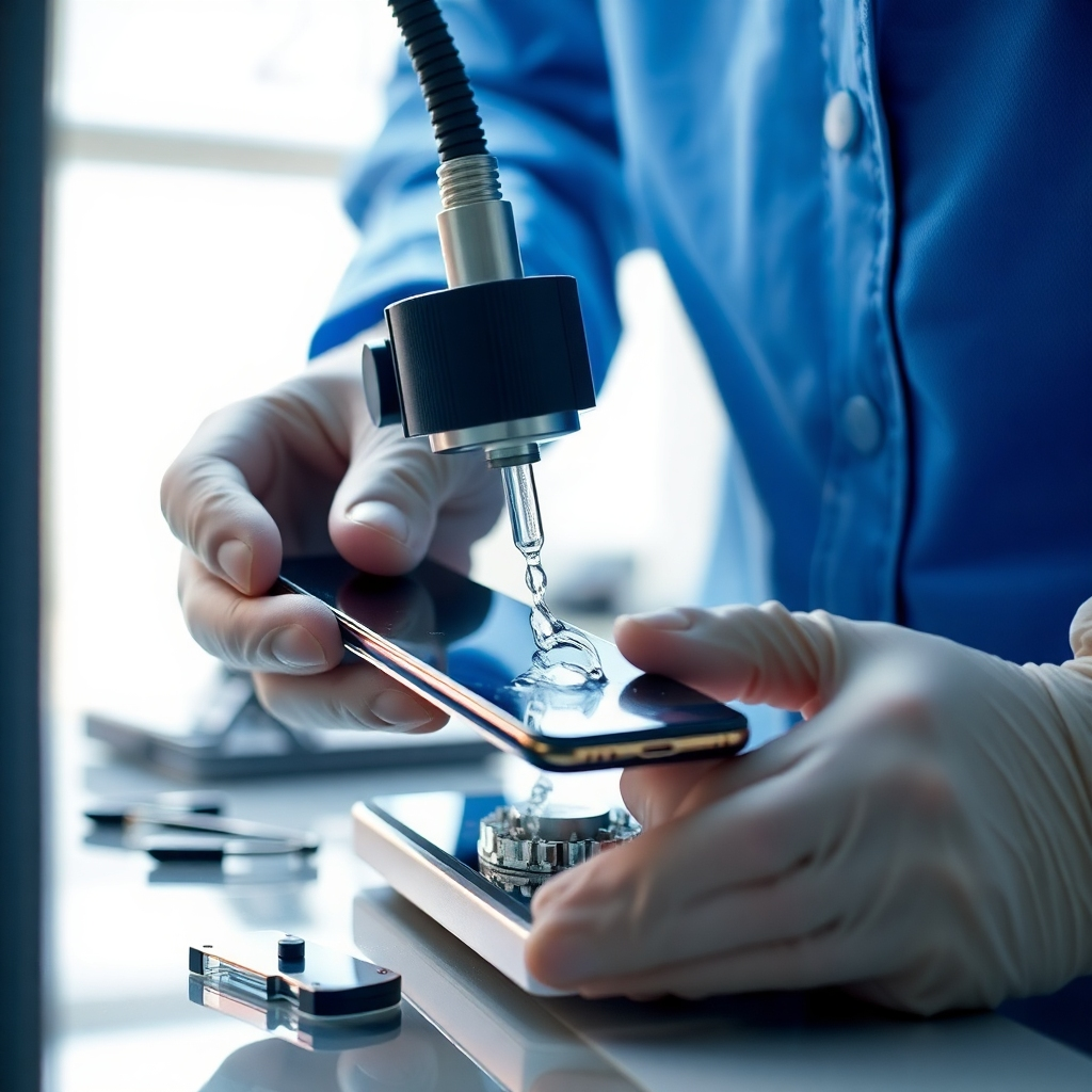 A close-up, detailed image of a technician using specialized equipment to carefully dry and repair a water-damaged smartphone.  The image should depict the cleaning process and the technology used for restoration. The background should be a clean, professional workspace with bright lighting.  High resolution, photorealistic style.