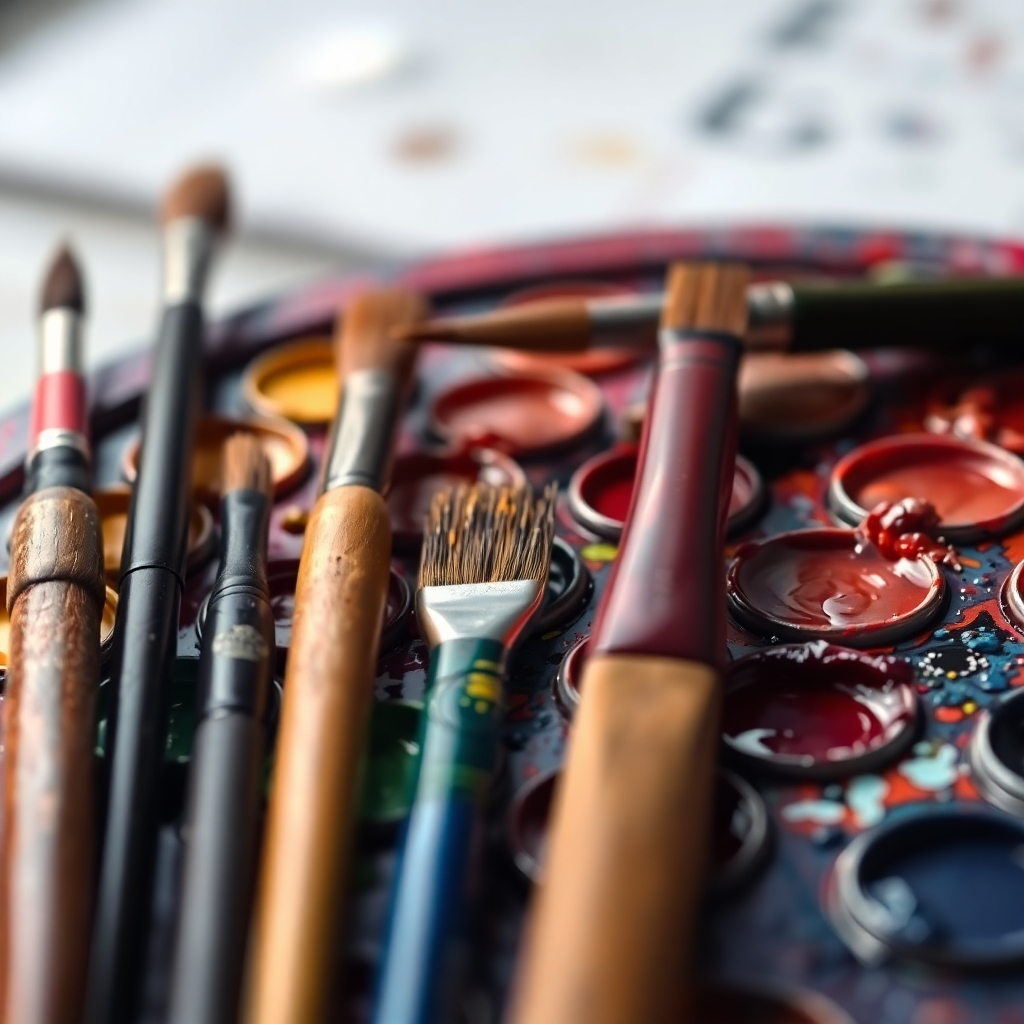 A close-up, high-resolution photorealistic image showcasing a painter's palette with vibrant oil paints, meticulously arranged, alongside brushes of various shapes and sizes.  The background should subtly blur, focusing attention on the rich colors and textures of the paints and brushes. Include a natural light source highlighting the glossy surface of the oil paints and the fine details of the brush bristles.