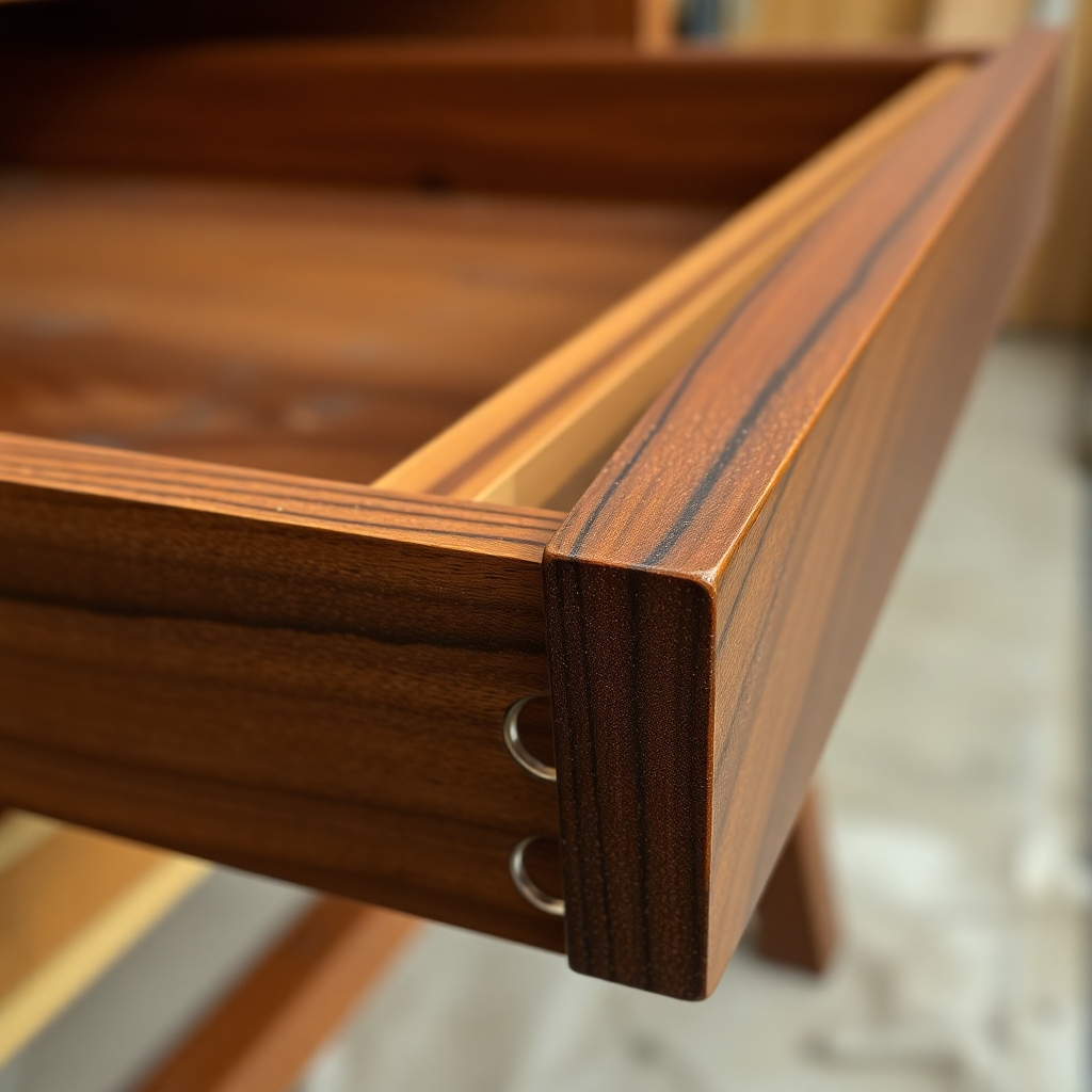 A close-up, high-resolution photorealistic image showcasing a meticulously crafted wooden dovetail joint in a handmade drawer, highlighting the precision and intricate detail of the interlocking pieces.  The wood should be rich, dark walnut, polished to a high sheen, showing the grain clearly.  The background should be a simple, clean, light-colored workshop setting.
