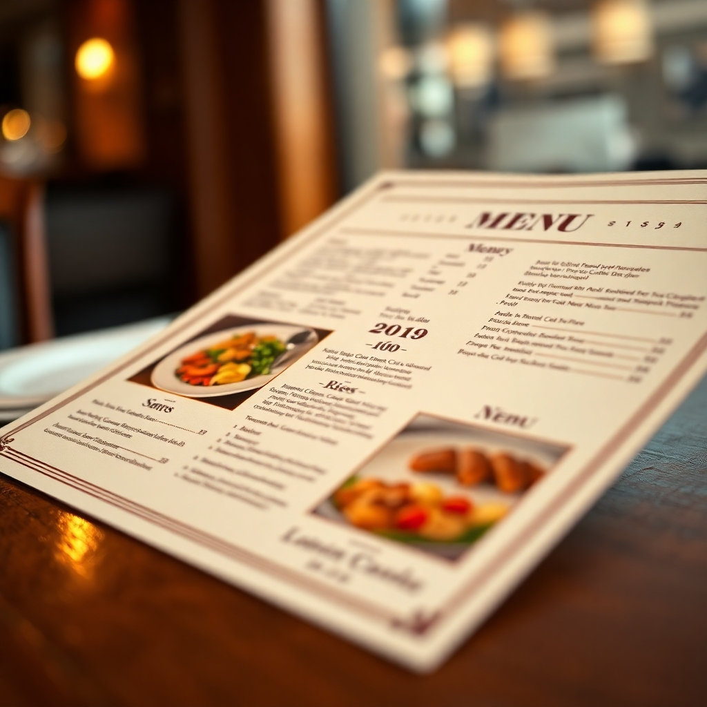 A close-up, high-resolution shot of an elegantly designed restaurant menu.  The menu should feature appetizing photos of the dishes, alongside concise and descriptive text.  The menu should be printed on high-quality paper with a sophisticated font and layout.  The lighting should be warm and inviting. The background should be tastefully blurred, focusing attention on the menu itself.  The overall aesthetic should be upscale and refined, conveying a sense of quality and attention to detail.