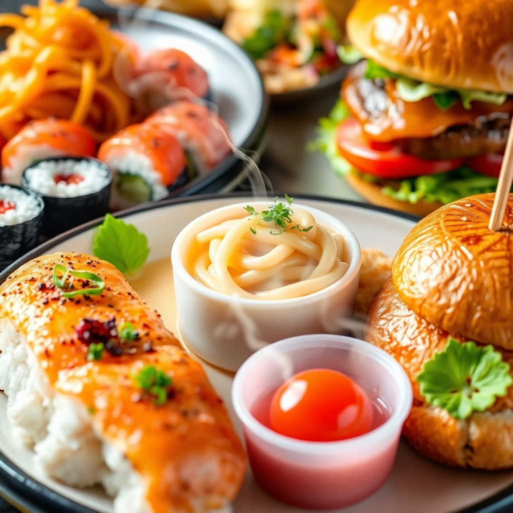 A close-up, mouth-watering photorealistic image of several different food dishes artfully arranged together.  Include various cuisines, such as sushi, pasta, and a burger, each perfectly plated and garnished.  The image should emphasize the quality and visual appeal of the food, with vibrant colors, textures, and steam to highlight freshness and deliciousness. The background should be subtly blurred, focusing the attention on the food.
