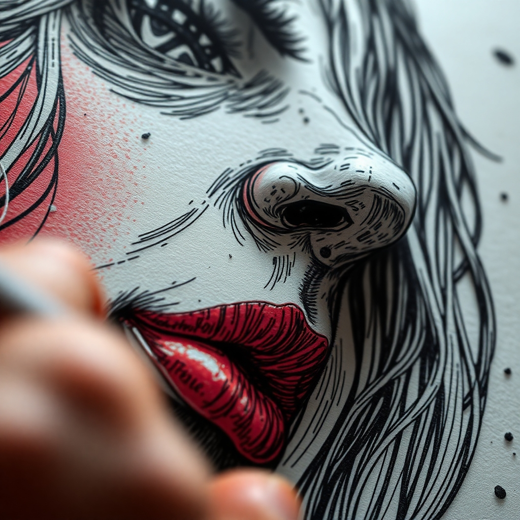 A close-up, photorealistic image showcasing the intricate details of an illustration in progress.  The image should feature a variety of techniques, perhaps a combination of digital painting and traditional ink work, with visible brushstrokes, textures, and layering. The illustration itself could depict a fantasy scene, a realistic portrait, or an abstract piece, demonstrating a high level of technical skill. The lighting should emphasize the textures and details of the work.
