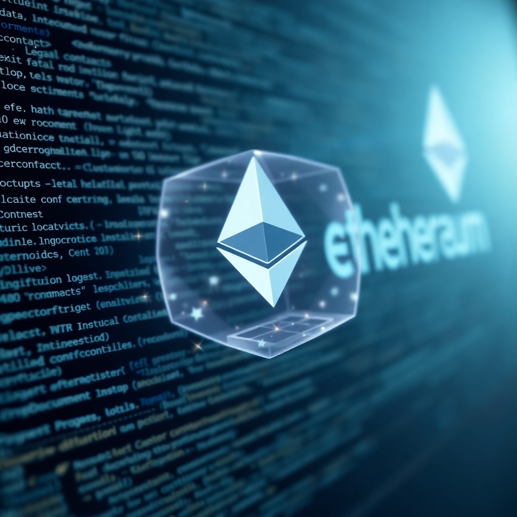 A close-up, photorealistic image of lines of code representing a smart contract, transforming into 3D holographic representations of legal documents, contracts, and digital assets, with Ethereum's logo subtly incorporated into the background.