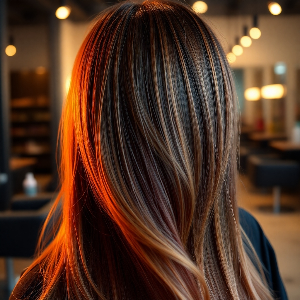 A close-up, photorealistic image showcasing a woman's vibrant, balayage-highlighted hair. The background is blurred but shows a high-end salon setting. The hair is glossy and healthy-looking; the lighting emphasizes the color variations.  A subtle price tag shows the cost of balayage services.