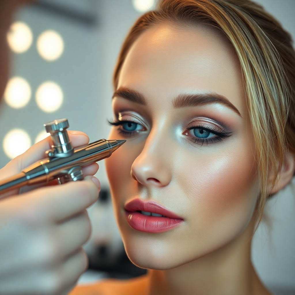 A close-up, photorealistic image showcasing the airbrush makeup application process.  Focus on the precision and evenness of the application.  Show an artist using an airbrush to apply makeup to a model's face, highlighting the smooth and natural finish. The background should be a clean, well-lit makeup studio.
