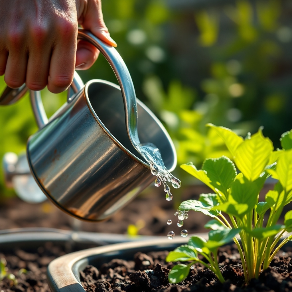 A close-up, photorealistic image of a gardener's hand gently watering a vibrant plant with a watering can.  The water should be clearly visible as it nourishes the plant's roots and soil. The background should be a blurred but still visible garden setting suggesting a vibrant and healthy environment. The watering can should be made of metal with a rustic finish, adding to the natural and inviting feel of the scene.  The sunlight should softly illuminate the scene, casting natural shadows and highlighting the details of the plant and water droplets. The image should feel peaceful and showcase the importance of careful and thoughtful watering practices. The overall mood should be serene and show the positive impact of watering.