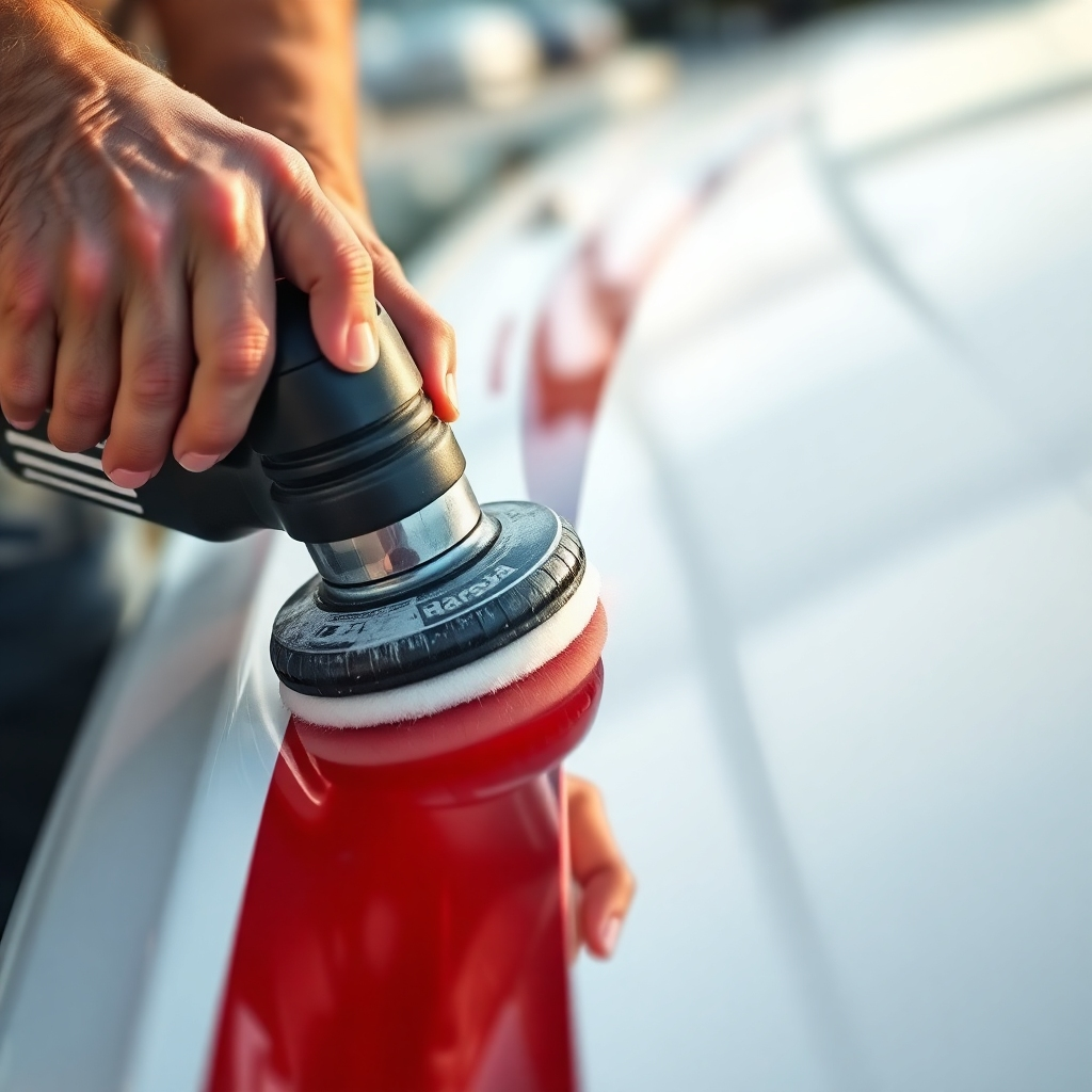 A close-up, photorealistic image of someone using an electric polisher on a boat's fiberglass surface. The polisher should be leaving a visible, glossy shine. The image should focus on the detailing process, with a visible before and after section of the boat's surface. The background should be blurred and out of focus to emphasize the detail on the boat. Use high-resolution to showcase the shine and smoothness.