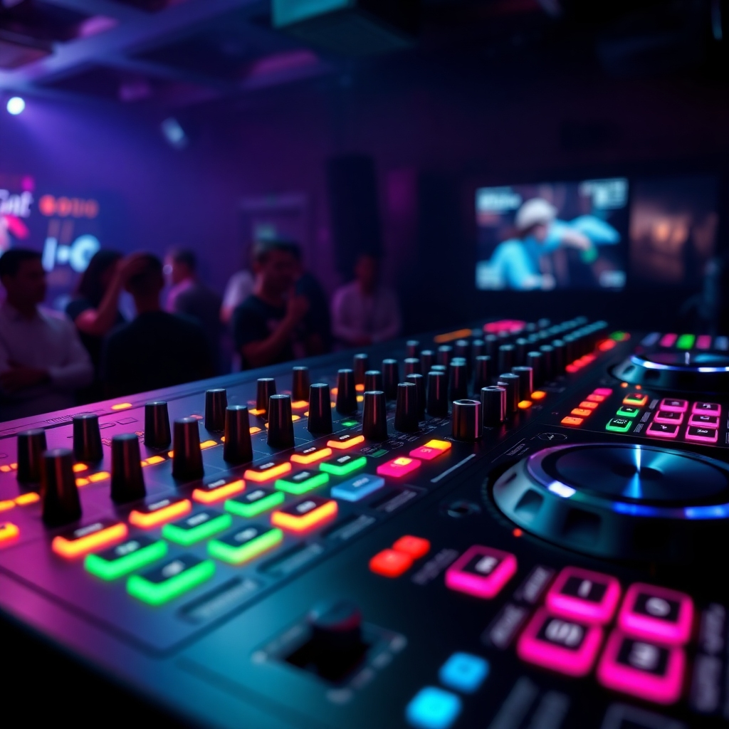 A close-up, photorealistic image of a professional DJ mixer and controller setup.  The image should showcase the faders, knobs, buttons, and jog wheels with vibrant LED lighting, highlighting the tactile interface.  The background should be a dimly lit club environment with a crowd visible in soft focus.