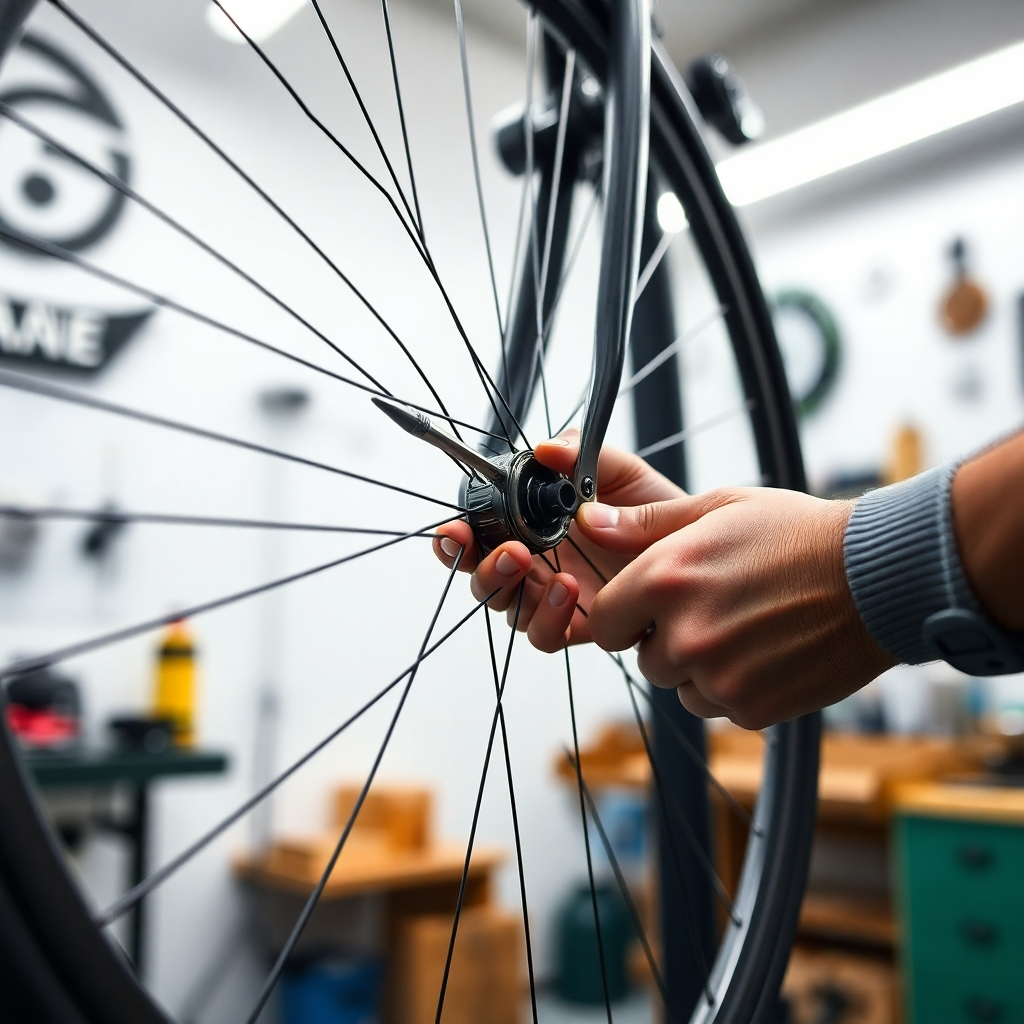 A close-up photorealistic image of a bike mechanic's hands carefully adjusting the spokes of a bicycle wheel using a spoke wrench. The wheel should be mounted in a truing stand, and the background should be a clean, well-lit workshop.  The image should focus on the precision and detail of the work.
