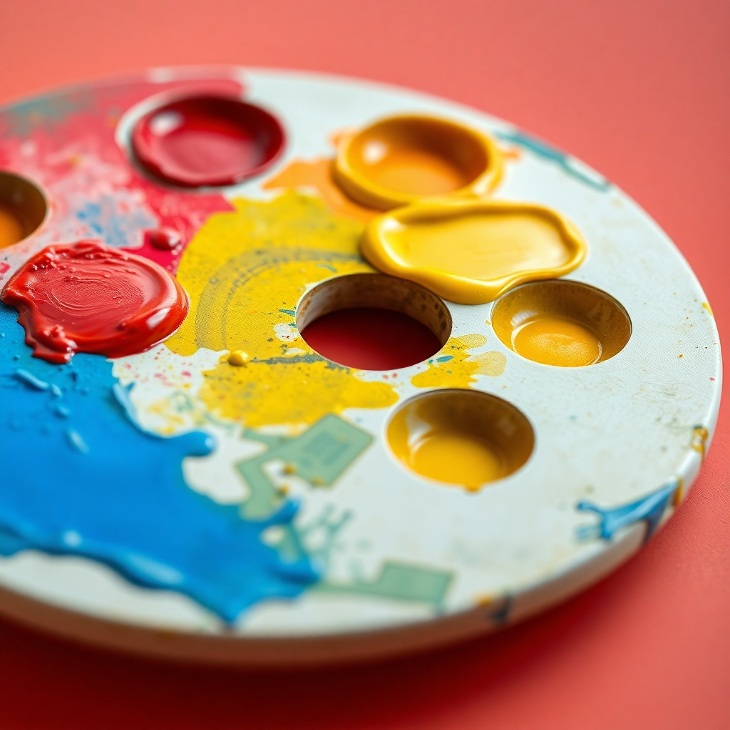 A close-up photorealistic image of a painter's palette with vibrant primary colors (red, yellow, blue) neatly arranged, and smaller sections showing the results of mixing these colors to create secondary and tertiary colors.  The palette should be well-lit, showing the texture of the paint and the subtle variations in color. The background should be a simple, neutral color to avoid distracting from the palette.