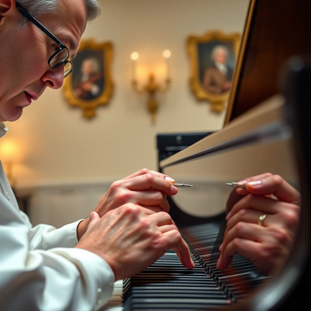 A close-up photorealistic image of a piano technician's hands carefully adjusting the tuning pins of a grand piano. The image should highlight the precision tools and the technician's focused expression.  The background should be a softly lit, elegant music room.  High detail, 8k resolution, sharp focus, realistic lighting.