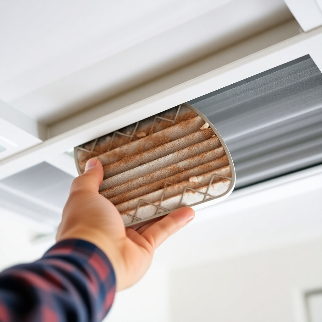 A close-up photorealistic image showing a person replacing a dirty HVAC air filter with a clean, new one. The old filter should be visibly dusty and the new one pristine.  The image should be well-lit and showcase the ease of filter replacement. The background should be a clean, modern HVAC system.