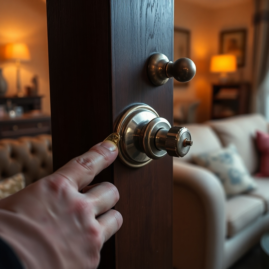 A close-up photorealistic image of a locksmith's hands expertly lubricating a traditional door lock with specialized oil.  The lock should be clean and well-maintained, set against a warm, inviting background of a cozy living room. The image should convey a sense of care and attention to detail.