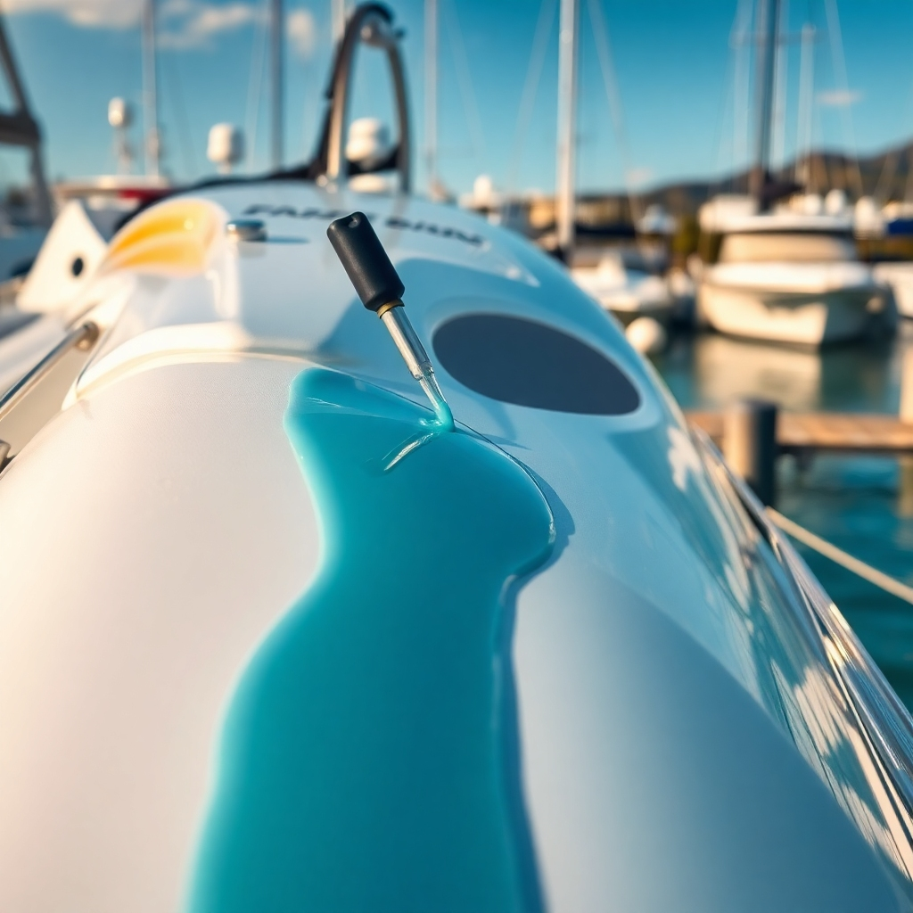 A close-up photorealistic image showcasing the application of a protective sealant or wax to a boat's hull.  The sealant should look glossy and even, highlighting the process of protecting the boat's finish.  The background could be a marina, showing other boats and the coastal environment.