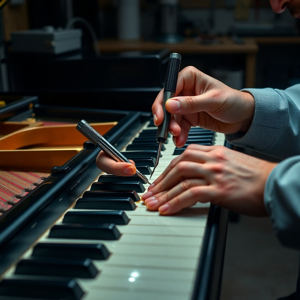 A close-up photorealistic image of a piano technician's hands carefully adjusting the keybed of a grand piano with precision tools. The image should highlight the intricate mechanics of the keybed and the technician's focused attention to detail. The background should be a dimly lit workshop, emphasizing the craftsmanship.