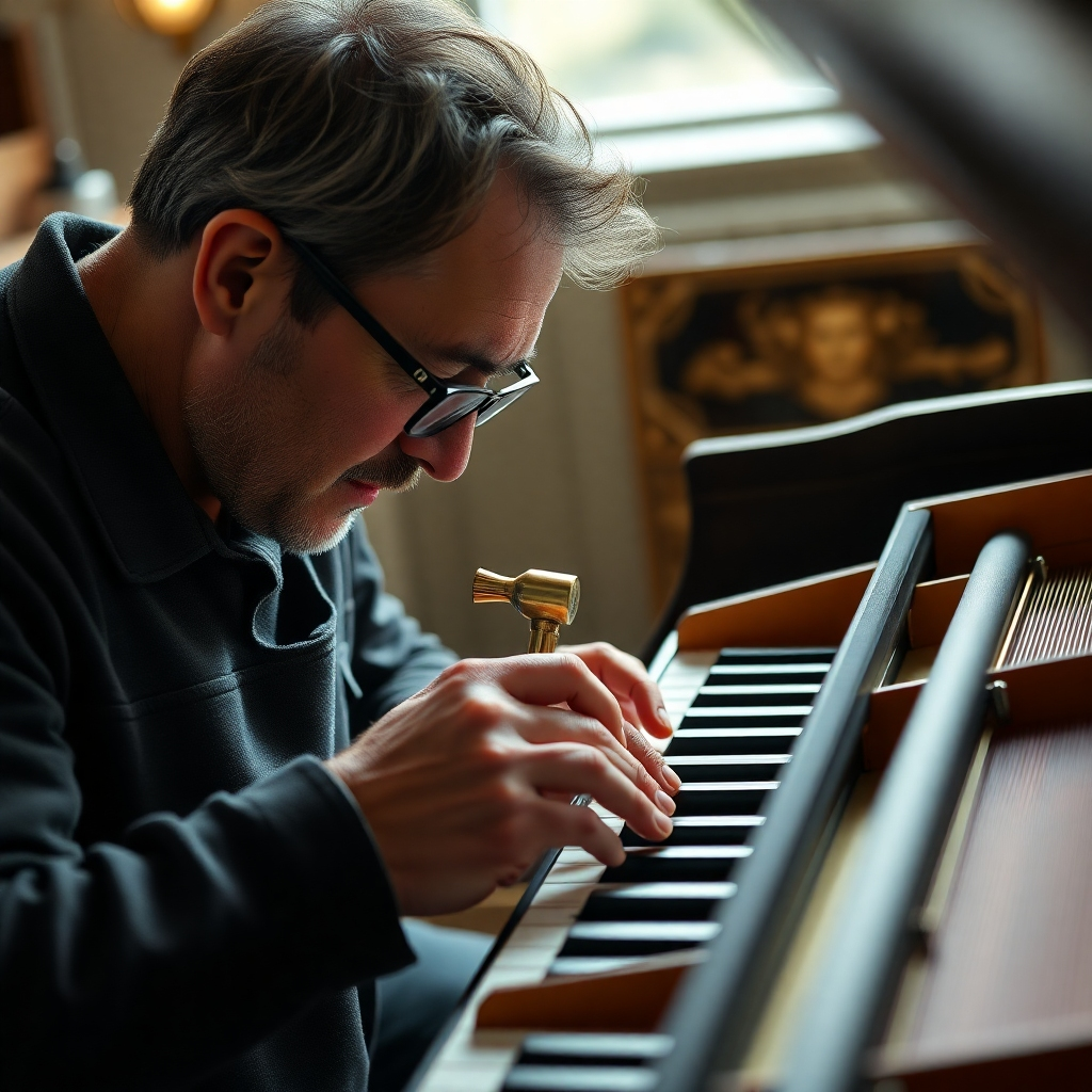 A close-up photorealistic image of a piano technician meticulously tuning a grand piano's strings with a tuning hammer, showcasing focused concentration and precision.  The image should have soft, natural lighting and a detailed background showing the piano's interior mechanisms. High definition, 8k resolution