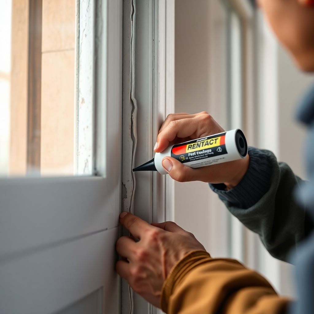 A close-up photorealistic image showing a person carefully caulking gaps and cracks around windows and doors of a house, preventing pest entry.  The caulk should be clearly visible, and the overall scene should be well-lit and detailed, showing the meticulous nature of the task. The background should be a clean, light-colored wall.