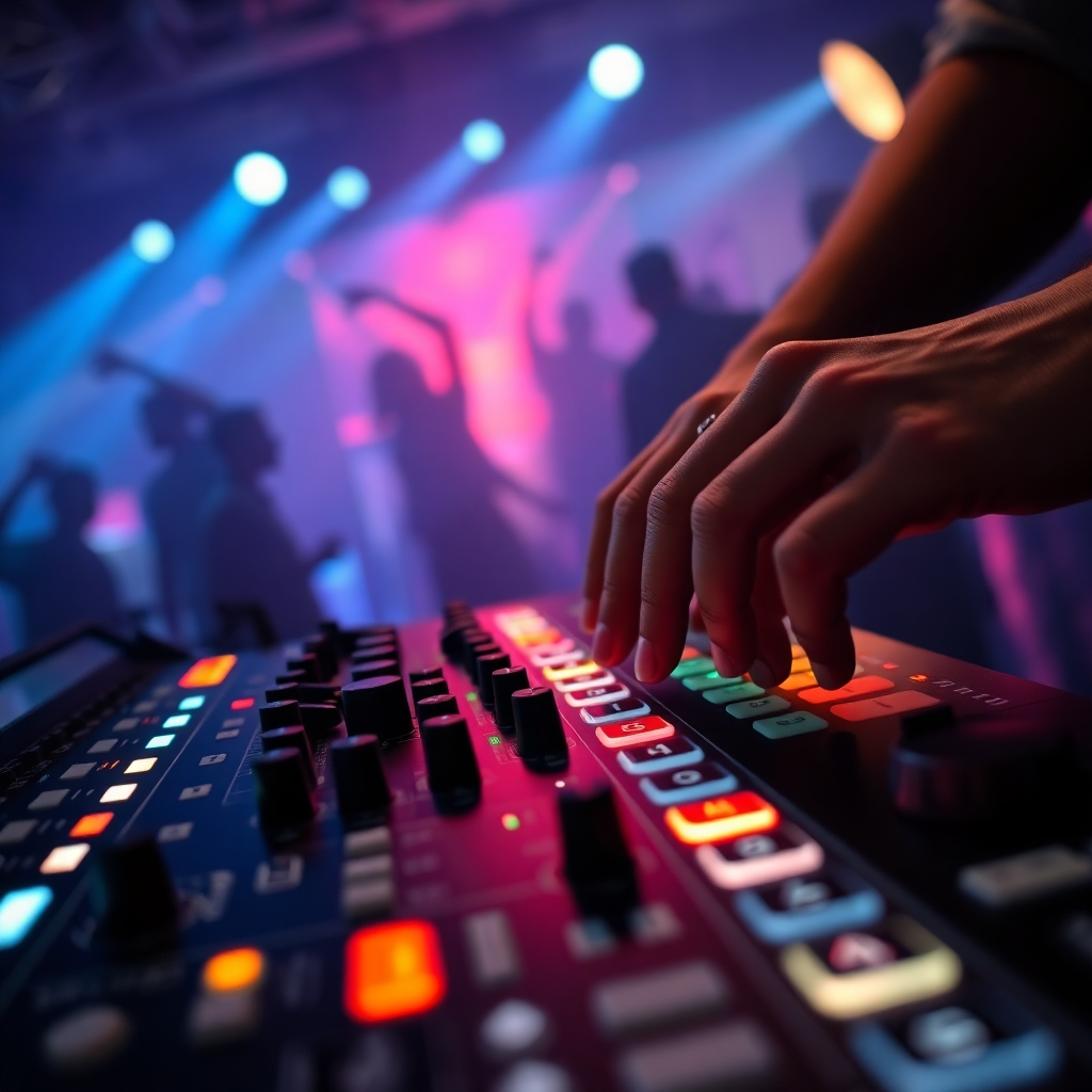 A close-up photorealistic image of a DJ's hands expertly adjusting the pitch faders and crossfader on a professional DJ mixer.  The mixer should be sleek and modern, with illuminated buttons and knobs. The background should be a blurred, energetic nightclub scene with dancing silhouettes.