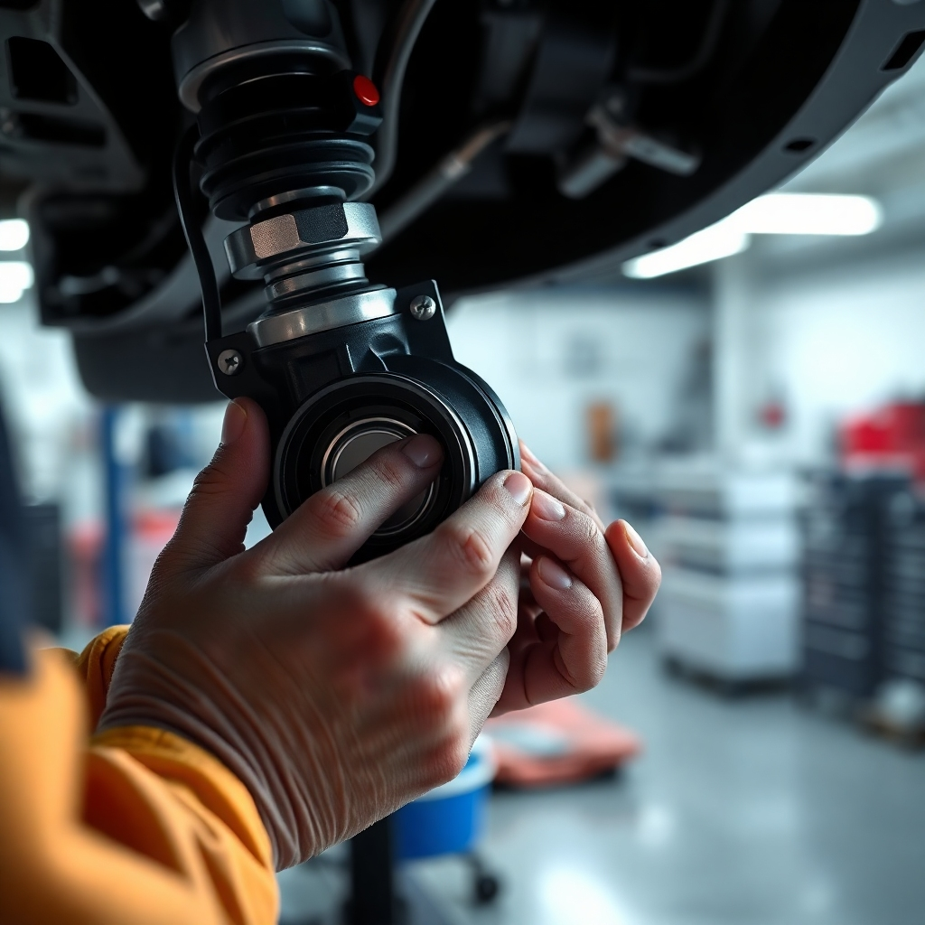 A close-up, photorealistic shot of a mechanic carefully installing a new car part, highlighting the precision and detail of the work. The part should be gleaming, new, and the mechanic's hands should be clean and precise. The background should be a clean, organized workspace in an auto repair shop.