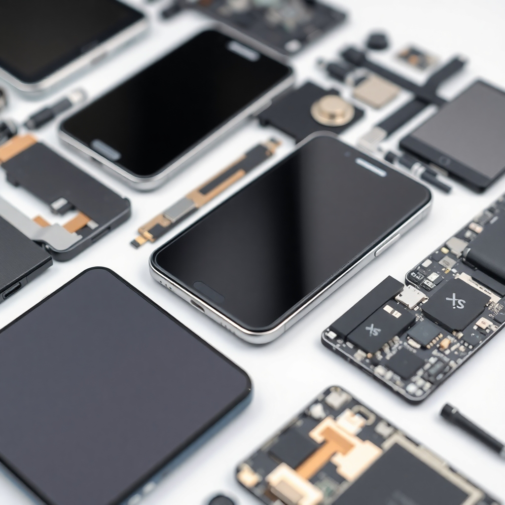 A close-up, photorealistic shot showcasing a variety of high-quality mobile phone replacement parts, neatly arranged.  Include various components like screens, batteries, and charging ports. The image should have a clean background and crisp, clear details that highlight the premium quality of the parts.