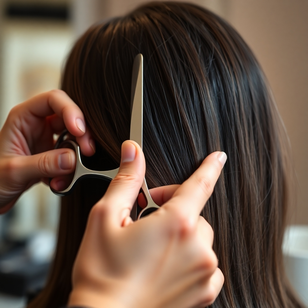 A close-up, photorealistic shot of a stylist's hands expertly wielding scissors, shaping a client's hair with precision. The background should be softly blurred, focusing on the intricate work. The hair should be shiny and healthy-looking. The lighting should be soft and flattering, emphasizing the texture and movement of the hair. High detail, sharp focus, professional setting.