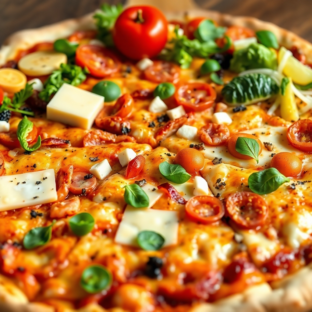 A close-up, photorealistic shot showcasing a variety of pizza toppings arranged neatly on a wooden surface.  Include various cheeses, vegetables, meats, and crust options.  The image should be bright, clean, and appetizing, highlighting the freshness of the ingredients.