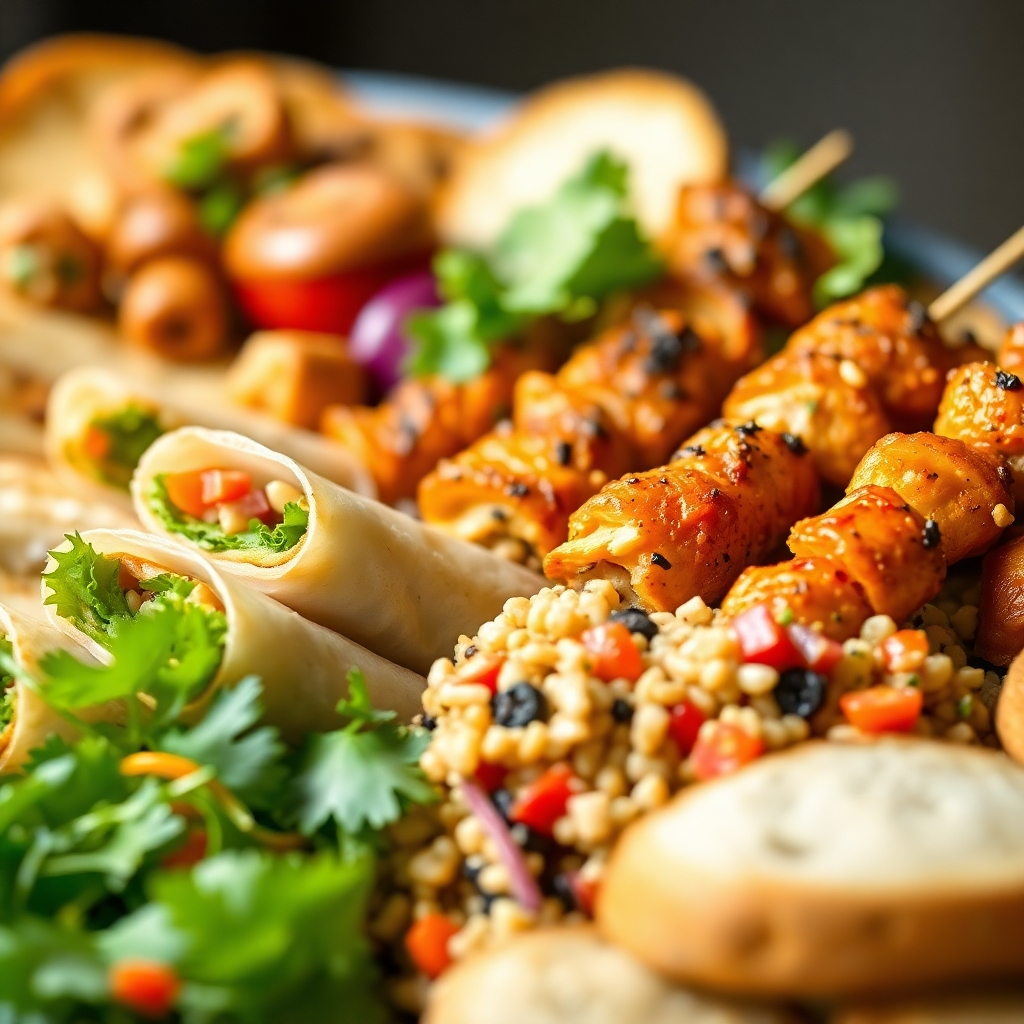 A close-up shot of a beautifully arranged catering platter featuring a variety of cuisines: vegan spring rolls, grilled chicken skewers, a vibrant quinoa salad, and gluten-free bread.  The food looks fresh, colorful, and appetizing, with visible textures.  The background should be blurred and out of focus, drawing attention to the food.  Style: Photorealistic, high-resolution image