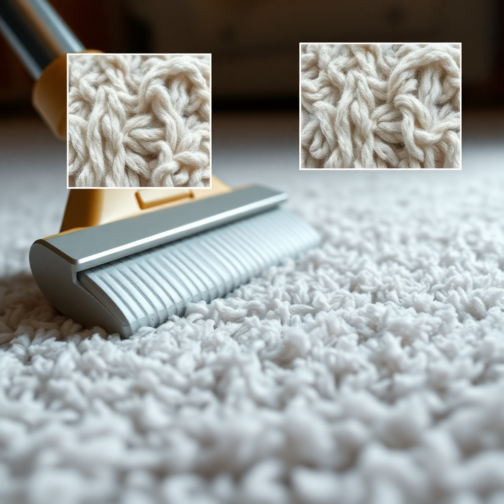 A close-up shot of a carpet fiber, pristine and undamaged.  The background subtly shows a professional carpet cleaning tool gently working on a similar carpet fiber. The image should focus on the health of the carpet fiber and contrast with a separate inset showing damaged, matted fibers.