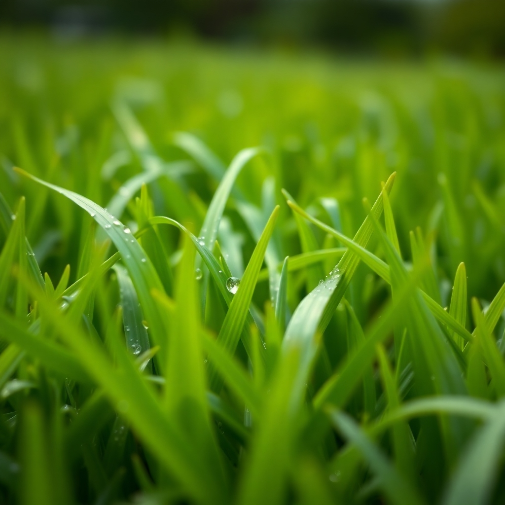 A close-up shot of a lush, green lawn with water droplets on the grass blades.  The background is slightly blurred, showcasing the vibrant green.  Photorealistic, high-resolution image with natural lighting.