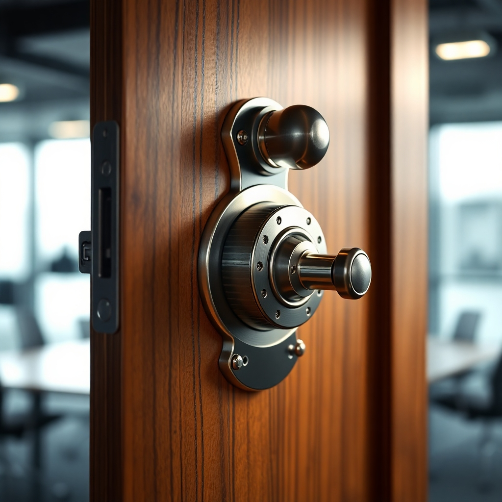 A close-up shot of a newly installed high-security commercial lock on a solid wood door, emphasizing its robust build and intricate mechanism. The background should be a modern office setting with subtle lighting.