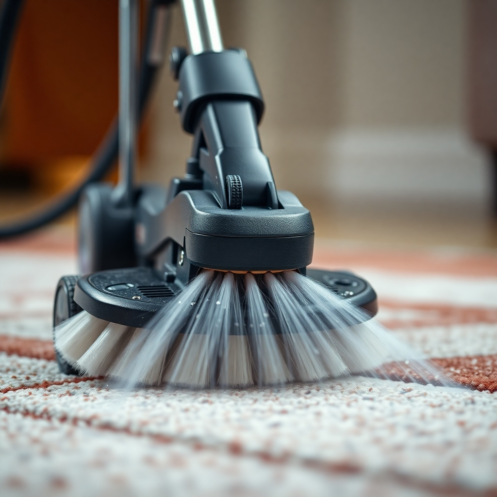 A close-up shot of a professional carpet cleaning machine with rotating brushes, spraying cleaning solution onto a carpet section. High-resolution, detailed image, vibrant colors, sharp focus, photorealistic style, 8k resolution