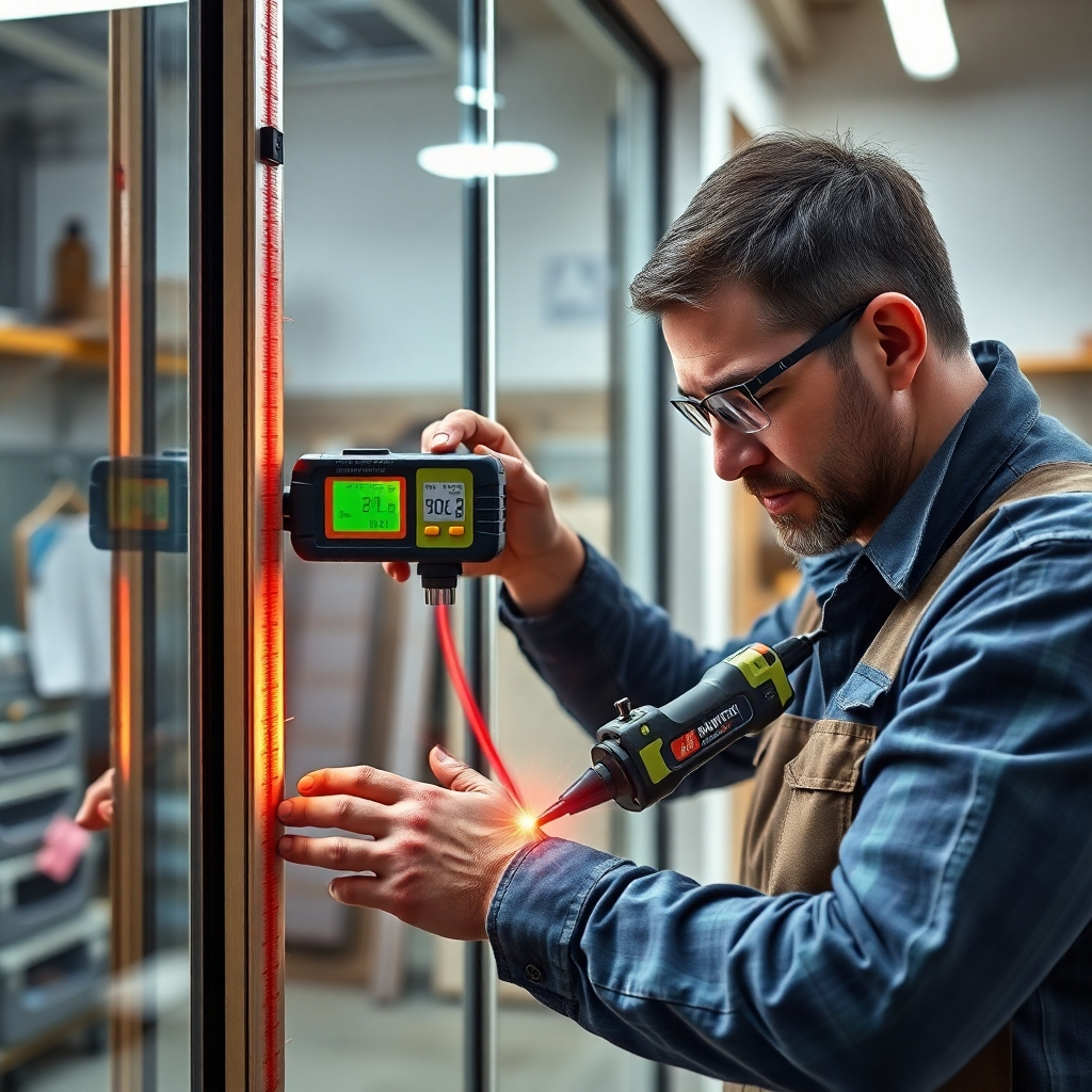 A close-up shot of a professional glazier using a laser measuring tool on a window frame, followed by precisely cutting a sheet of glass with a diamond glass cutter.  The scene should be well-lit, showcasing the precision and detail of the process. The background should be a clean and organized workshop setting. The image should be photorealistic and highly detailed, emphasizing the precision instruments and the clean cut of the glass.