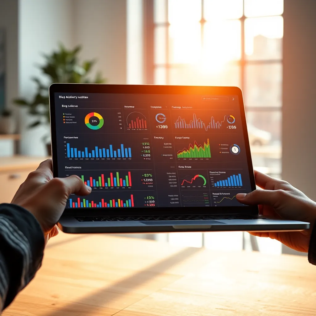 A close-up shot of a researcher's hands holding a laptop, showcasing a complex data visualization with colorful charts and graphs representing blog audience demographics, interests, and trends. The image should be set in a modern, minimalist office setting with natural light streaming in from a large window. The laptop screen should be subtly glowing, highlighting the data. The mood should be one of focused curiosity and discovery. The image should be photorealistic, 8K resolution, and captured from a slightly elevated angle.