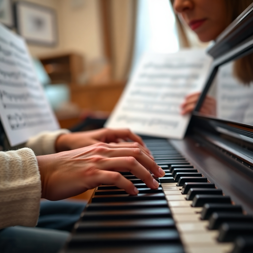 A close-up shot of a student's hands diligently practicing musical scales on a piano keyboard.  The background is softly blurred, showing sheet music and a supportive teacher. Photorealistic, detailed, warm lighting, focus on the hands and the keyboard.