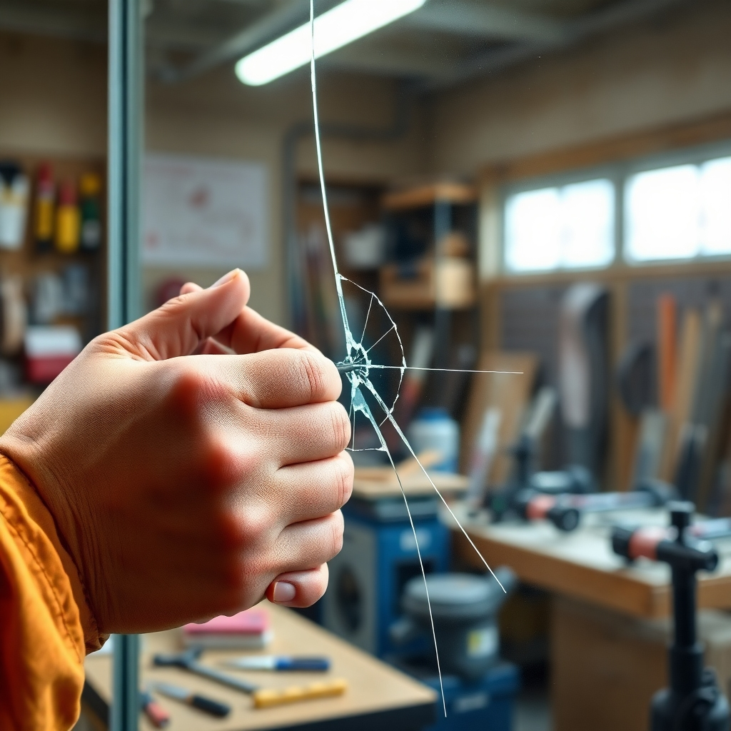 A close-up shot of a technician's hands carefully repairing a cracked windowpane with specialized tools. The background should be a blurry workshop with various glass repair tools visible.  High-resolution, photorealistic image, sharp focus on the hands and the repair process. Lighting should be bright and natural, emphasizing the details of the repair. The overall aesthetic should be clean, professional, and reassuring.