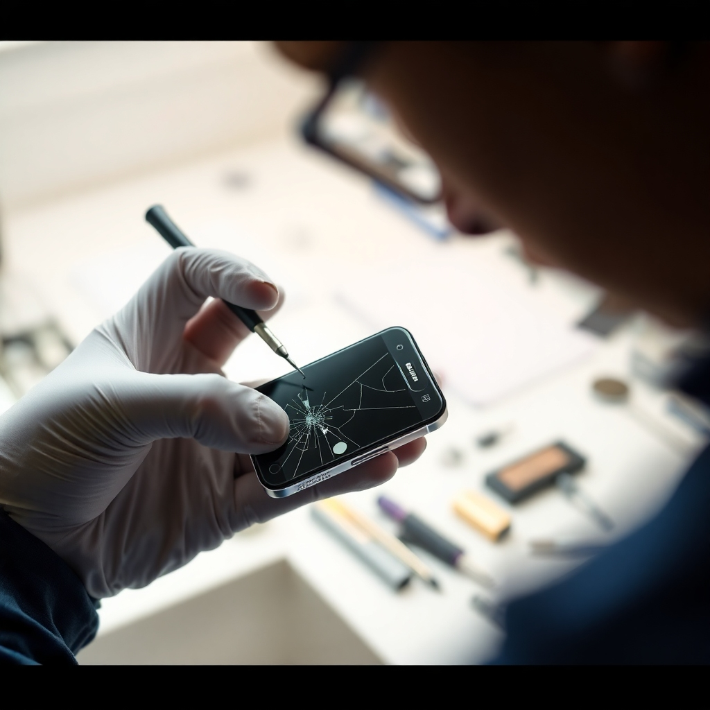 A close-up shot of a technician carefully replacing a cracked smartphone screen with a new one.  The image should be brightly lit, showing the precision tools and the detail of the repair process. The background should be a clean, organized workspace. High resolution, photorealistic style.