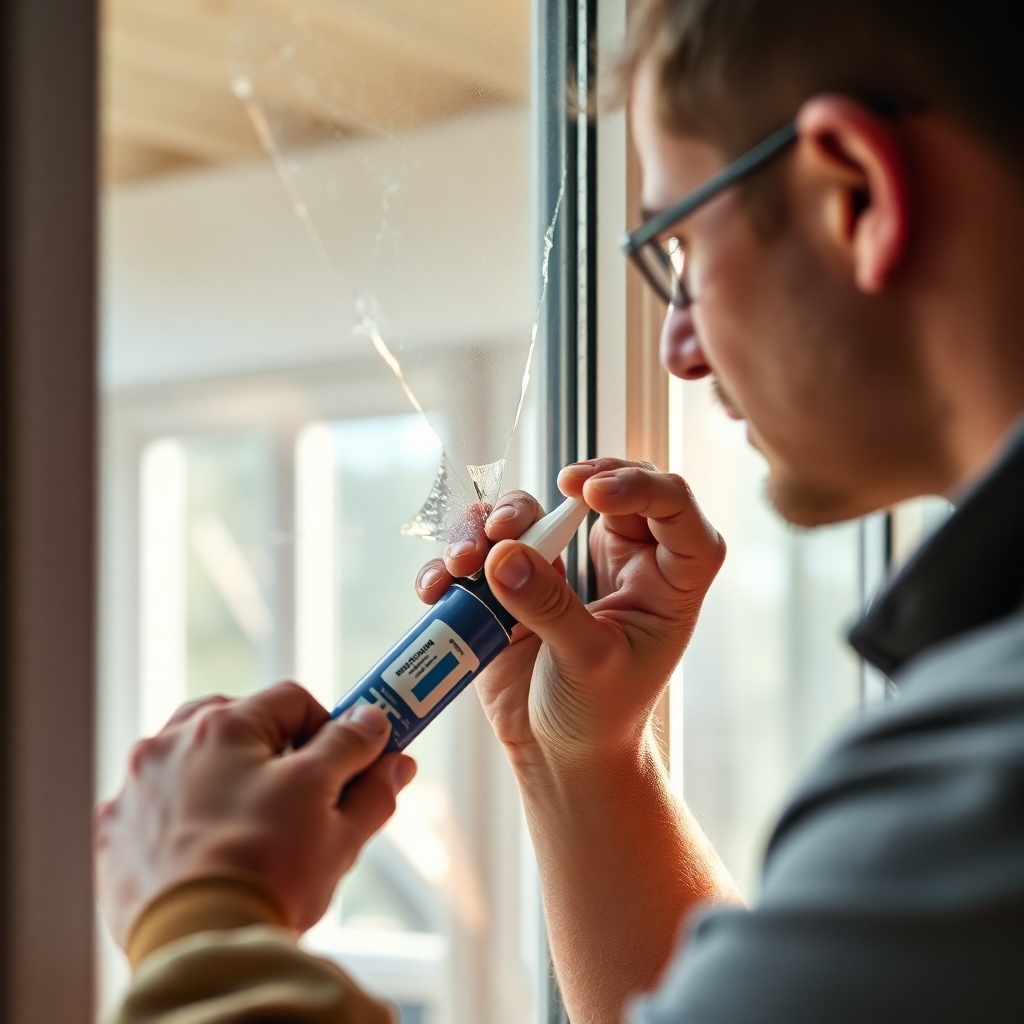 A close-up shot of a technician meticulously repairing a cracked window pane using specialized tools and sealant. The background should be a blurred-out view of a residential home interior, with natural light illuminating the scene.  Focus on the detail of the repair process, highlighting the precise application of materials. The overall mood should be one of professionalism and care.