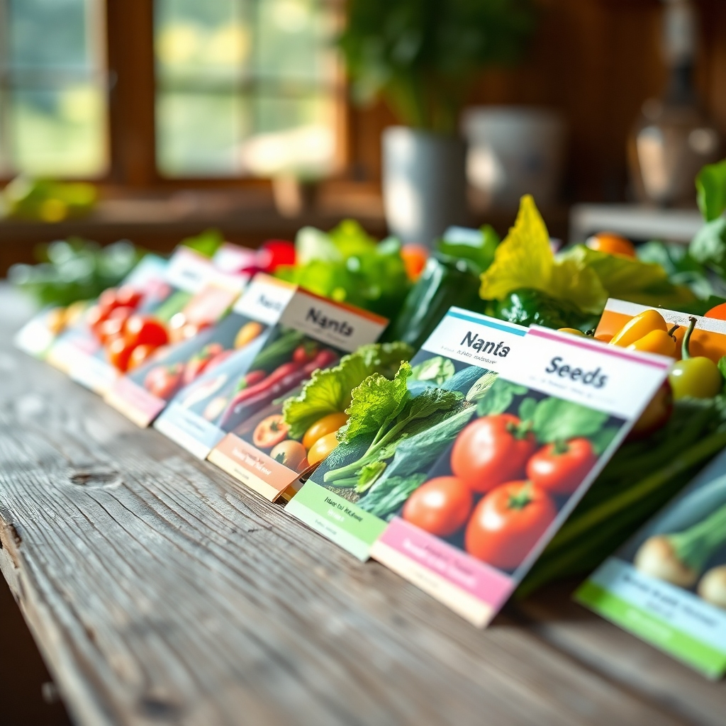 A close-up shot of a variety of colorful seed packets, neatly arranged on a rustic wooden table, bathed in soft, natural light.  The labels on the packets should be clearly visible, showcasing different vegetables like tomatoes, lettuce, and peppers. The background should be slightly blurred, focusing attention on the seeds.