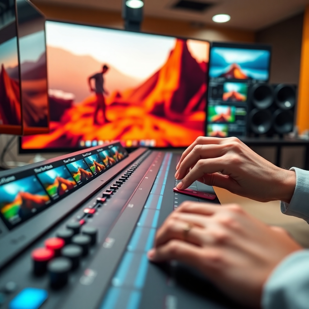 A close-up shot of a video editor's hands meticulously arranging video clips on a timeline, with a vibrant, cinematic video playing on a large monitor in the background. The scene is brightly lit, modern, and professional, emphasizing precision and creativity. The focus should be sharp on the hands and the timeline.