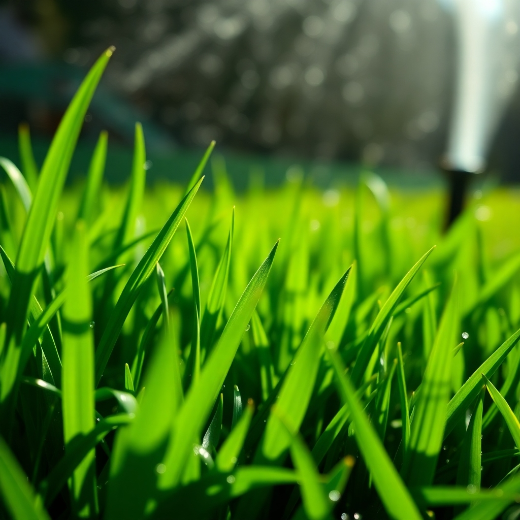 A close-up shot of lush green grass with water droplets glistening on the blades, sunlight illuminating the scene; background shows a sprinkler gently watering the lawn, creating a soft mist. Photorealistic style, vibrant colors, high detail.